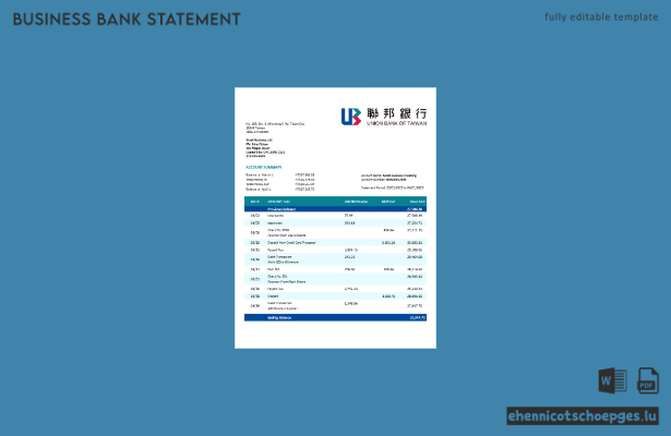 Beispielvorschau eines Firmenkontoauszugs der Union Bank of Taiwan (Word und PDF)